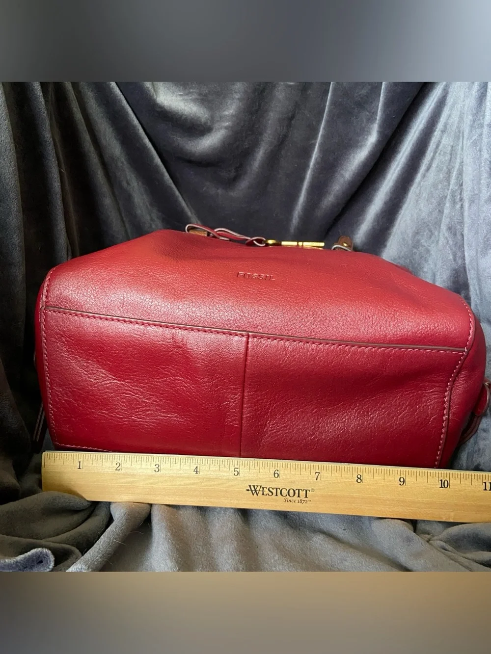 Fossil Rachel Leather Satchel Red Burgundy Crossbody Brown Handles Key Charm